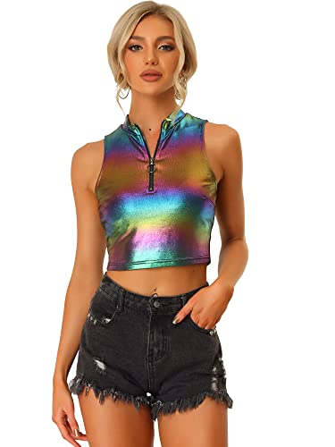 Allegra K Damen Tanktop Ärmellos Reißverschluss Metallic Oberteil Party Holographic Crop Top Bluse Mehrfarbiges Schwarz M von Allegra K