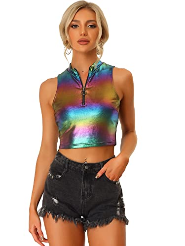 Allegra K Damen Tanktop Ärmellos Reißverschluss Metallic Oberteil Party Holographic Crop Top Bluse Mehrfarbiges Schwarz XS von Allegra K