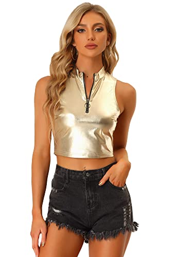 Allegra K Damen Tanktop Ärmellos Reißverschluss Metallic Oberteil Party Holographic Crop Top Bluse Gold L von Allegra K