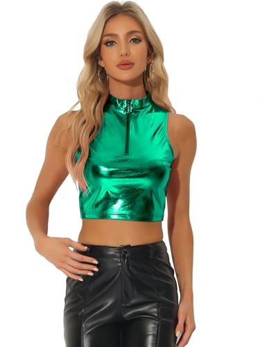 Allegra K Damen Tanktop Ärmellos Reißverschluss Metallic Oberteil Party Holographic Crop Top Bluse Grün L von Allegra K