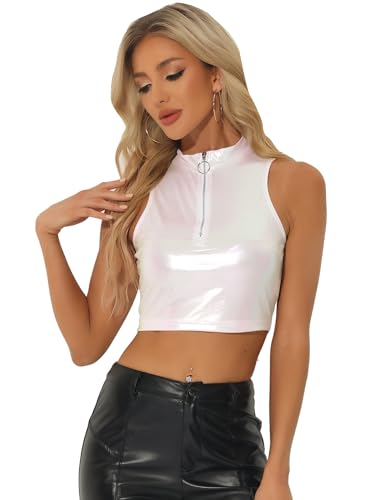 Allegra K Damen Tanktop Ärmellos Reißverschluss Metallic Oberteil Party Holographic Crop Top Bluse Weiß Mehrfarbig M von Allegra K