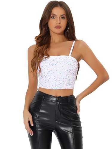 Allegra K Damen Pailletten Oberteil Ärmellos Tanktop Spaghettiträger Glitzer Cami Party Crop Top Weiß M von Allegra K