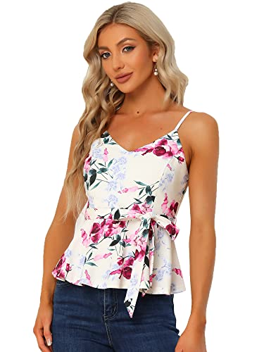 Allegra K Damen Tanktop Ärmellos V-Ausschnitt Sommer Cami Schößchen Blumen Top Bluse Beige L von Allegra K