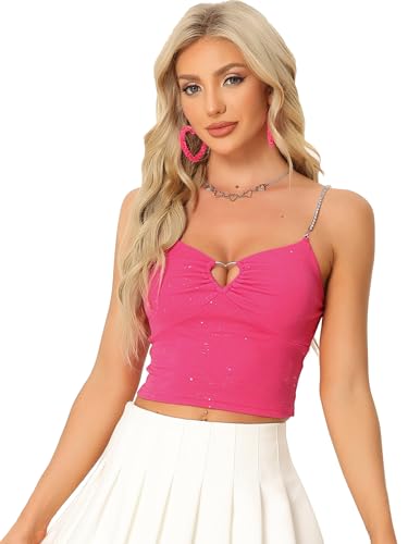 Allegra K Damen Tanktops Glitzer Strasssteine Spaghettiträger Cocktailparty Camisole Kurze Tops Rosenrot S von Allegra K