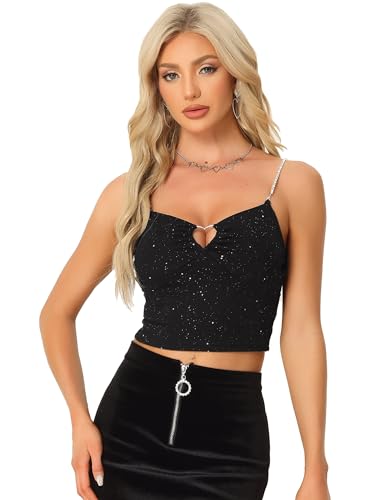 Allegra K Damen Tanktops Glitzer Strasssteine Spaghettiträger Cocktailparty Camisole Kurze Tops Schwarz L von Allegra K