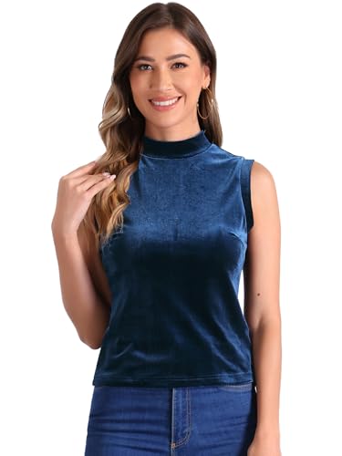 Allegra K Damen Tanktops mit Rollkragen Ärmellose Samthemden Velvet Oberteil Tiefes Blau XS von Allegra K