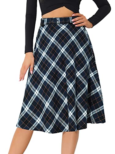 Allegra K Damen Tartan Plaid High Waist Gürtel Vintage A-Linie Midirock, blau / weiß, Mittel von Allegra K