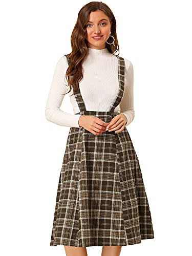 Allegra K Damen Tartan Plaid Strapsrock Vintage Hohe Taille A-Linie Midi Overall Kleid, Braunes Plaid, Groß von Allegra K