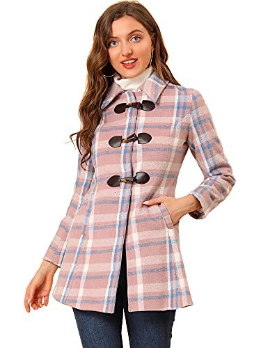 Allegra K Damen Toggle Oberbekleidung Umlegekragen Winter Plaid Dufflecoat, rosa, blau, XS von Allegra K