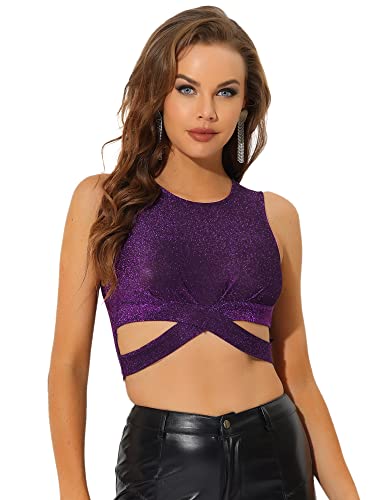 Allegra K Damen Crop Top Ärmellos Cut Out Kreuzgurte Oberteil Glitzer Party Bauchfrei Top Lila M von Allegra K