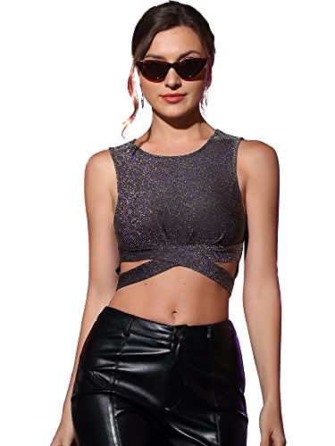 Allegra K Damen Crop Top Ärmellos Cut Out Kreuzgurte Oberteil Glitzer Party Bauchfrei Top Dunkelgrau L von Allegra K