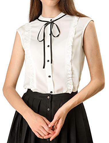 Allegra K Damen Top Ärmellos Rundhals Rüschen Knopfleiste Chiffon Sommer Bluse Oberteil Weiß XL von Allegra K