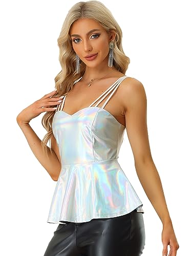 Allegra K Damen Top Ärmellos Spaghettiträger Rückenfrei Peplum Metallic Cami Party Tanktop Silber XL von Allegra K