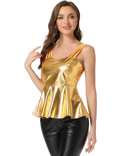 Allegra K Damen Top Ärmellos Spaghettiträger Rückenfrei Peplum Metallic Cami Party Tanktop Gold XL von Allegra K