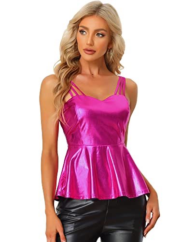 Allegra K Damen Top Ärmellos Spaghettiträger Rückenfrei Peplum Metallic Cami Party Tanktop Rosenrot L von Allegra K