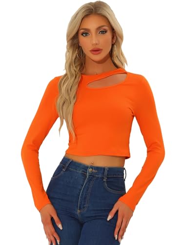 Allegra K Damen Top Langarm Lässig Oberteil Schmal Geschnittenes Cut Outs T-Shirt Orange L von Allegra K