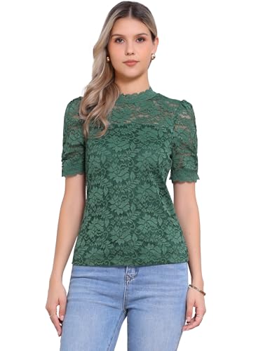 Allegra K Damen Top Mit Floraler Spitze Stehkragen Puffärmel Kurzärm Elegante Spitzenbluse Oberteil Shirt Dunkelgrün M von Allegra K