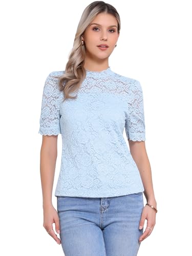 Allegra K Damen Top Mit Floraler Spitze Stehkragen Puffärmel Kurzärm Elegante Spitzenbluse Oberteil Shirt Hellblau M von Allegra K