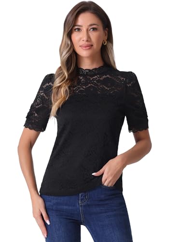 Allegra K Damen Top Mit Floraler Spitze Stehkragen Puffärmel Kurzärm Elegante Spitzenbluse Oberteil Shirt Schwarz M von Allegra K