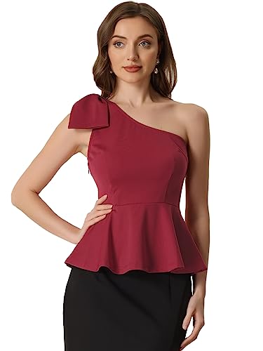 Allegra K Damen Top Schößchen Gerüscht EIN-Schulter mit Schleife Bluse Burgund XL von Allegra K