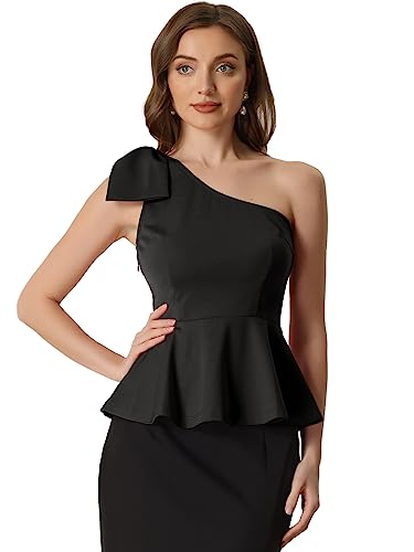 Allegra K Damen Top Schößchen Gerüscht EIN-Schulter mit Schleife Bluse Schwarz M von Allegra K
