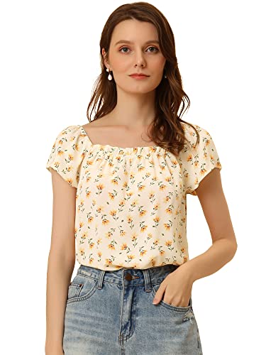 Allegra K Damen Top Sommer Quadratischer Hals Flügelärmeln Blumenmuster Bluse Gelb M von Allegra K