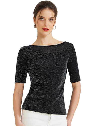 Allegra K Damen Top U-Boot-Ausschnitt Glitzernd Dehnbar Halbe Ärmel Netzstoff Lässig Elegante Oberteile Schwarz M von Allegra K