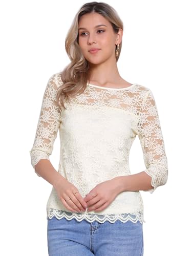 Allegra K Damen Top mit Blumen Spitzen 3/4-Ärmel Rundhals Lässig Elegant Spitzenbluse Aprikose M von Allegra K