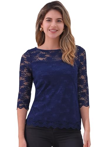 Allegra K Damen Top mit Blumen Spitzen 3/4-Ärmel Rundhals Lässig Elegant Spitzenbluse Dunkelblau XL von Allegra K