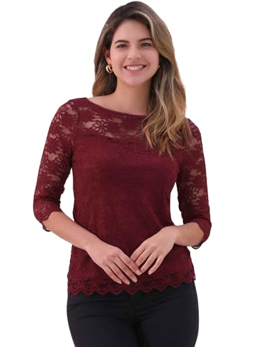 Allegra K Damen Top mit Blumen Spitzen 3/4-Ärmel Rundhals Lässig Elegant Spitzenbluse Dunkelrot L von Allegra K