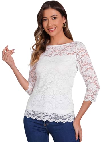 Allegra K Damen Top mit Blumen Spitzen 3/4-Ärmel Rundhals Lässig Elegant Spitzenbluse Weiß L von Allegra K