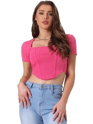 Allegra K Damen Top mit Quadratischem Ausschnitt Kurzen Ärmeln Geripptem Strick und Abgerundetem Saum Basic Freizeit Oberteil Pink XL von Allegra K