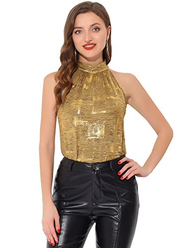 Allegra K Damen Tops Ärmellos Neckholder Party Club Glitzer Metallic Tank Top Bluse Gold XL von Allegra K