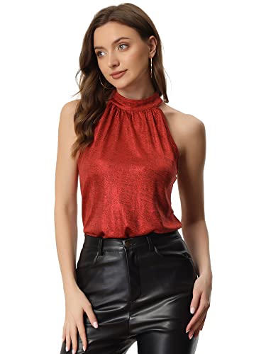 Allegra K Damen Tops Ärmellos Neckholder Party Club Glitzer Metallic Tank Top Bluse Rot XL von Allegra K