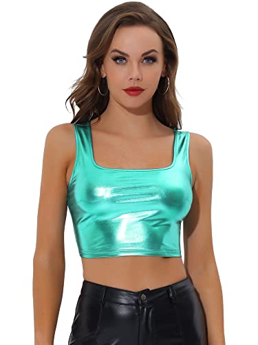 Allegra K Damen Crop Tops Metallic Top Party Oberteile Ärmellos U-Boot Neck Club Bauchfrei Bluse Blau Cyan L von Allegra K