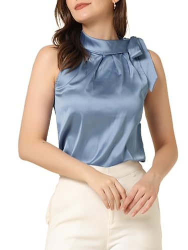 Allegra K Damen Ärmellos Satin Top Elegant Rüschen Stehkragen Bluse Schleife Oberteil Grau Blau XS von Allegra K