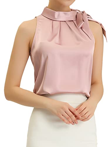 Allegra K Damen Ärmellos Satin Top Elegant Rüschen Stehkragen Bluse Schleife Oberteil Rosa M von Allegra K