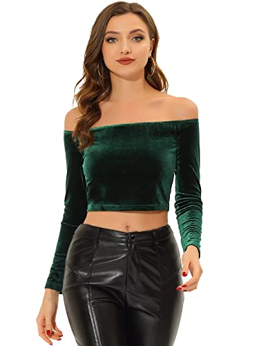 Allegra K Damen Langarm Schulterfreie Elastische Samt Oberteil Crop Top Bluse Dunkelgrün L von Allegra K