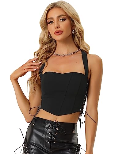 Allegra K Damen Trachtenmieder Dirndl Ärmelloses Oberteil Bustier Korsett Schnürung Clubwear Party Crop Top Schwarz XL von Allegra K