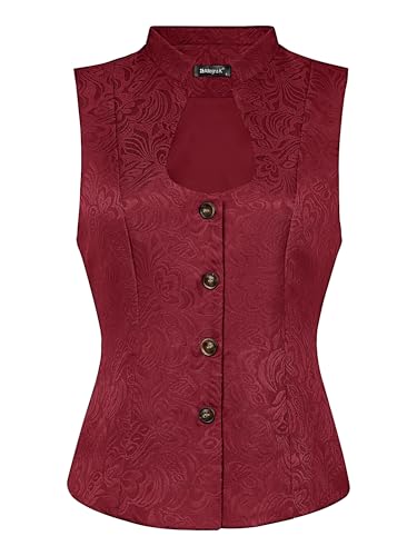 Allegra K Damen Trachtenmieder Dirndl Anzugweste Ärmellos U-Ausschnitt Einreihige Steampunk Jacquard Weste Burgunderrot S von Allegra K