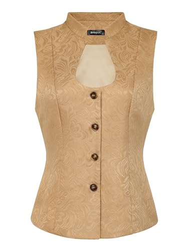 Allegra K Damen Trachtenmieder Dirndl Anzugweste Ärmellos U-Ausschnitt Einreihige Steampunk Jacquard Weste Khaki M von Allegra K