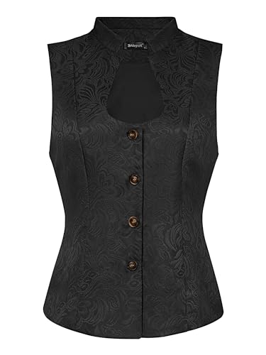 Allegra K Damen Trachtenmieder Dirndl Anzugweste Ärmellos U-Ausschnitt Einreihige Steampunk Jacquard Weste Schwarz XS von Allegra K