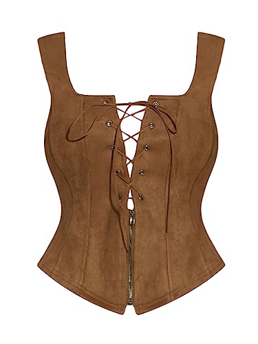 Allegra K Damen Trachtenmieder Dirndl Vintage Lace Up Waistcoat Reißverschluss Crop Jacke Breiter Riemen Ärmellos Weste Braun XS von Allegra K