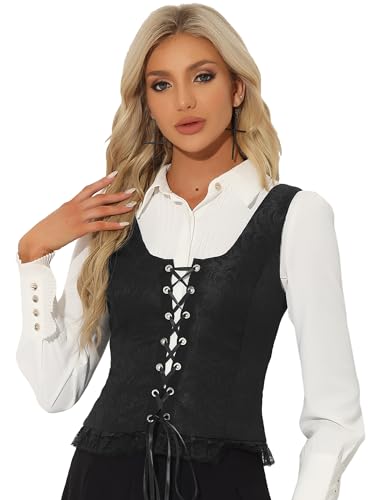 Allegra K Damen Trachtenmieder Dirndl Weste Ärmellos Vintage U-Ausschnitt Gothic Korsett Oberteile Schwarz S von Allegra K