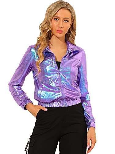 Allegra K Damen Trainingsjacke Holografisch Glänzend Langarm Metallic Jacke Reißverschluss vorne, Blau / Violett, 42 von Allegra K