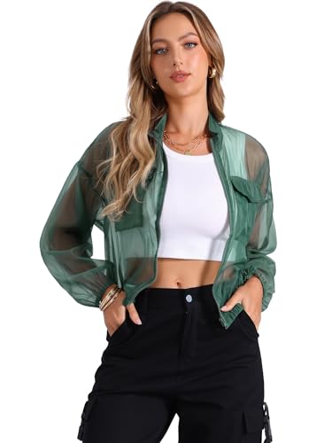 Allegra K Damen Transparente Bomberjacke Durchsichtige Jacken Langen Ärmeln Reißverschluss Grün XL von Allegra K