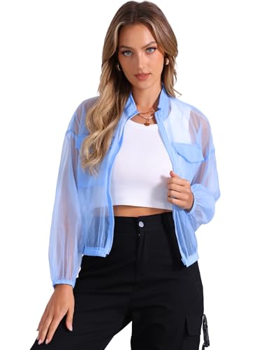 Allegra K Damen Transparente Bomberjacke Durchsichtige Jacken Langen Ärmeln Reißverschluss Hellblau M von Allegra K