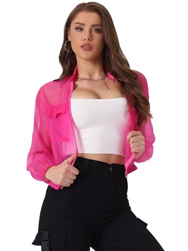Allegra K Damen Transparente Bomberjacke Durchsichtige Jacken Langen Ärmeln Reißverschluss Pink M von Allegra K