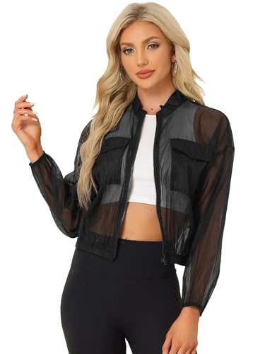 Allegra K Damen Transparente Bomberjacke Durchsichtige Jacken Langen Ärmeln Reißverschluss Schwarz M von Allegra K