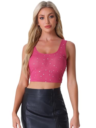 Allegra K Damen Transparentes Netz-Top U-Ausschnitt Glitzer Sterne Ärmellos Party Crop Tanktop Pink L von Allegra K